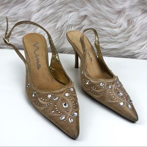 Nina Gold Jeweled Pointed Toe Strappy Heels